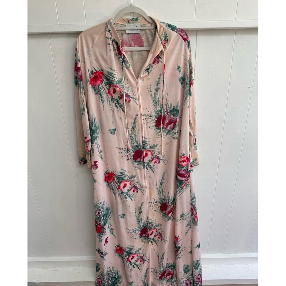 Vintage 1970s Travel Lite Zipper Summer Floral Pink House Dress Size Small